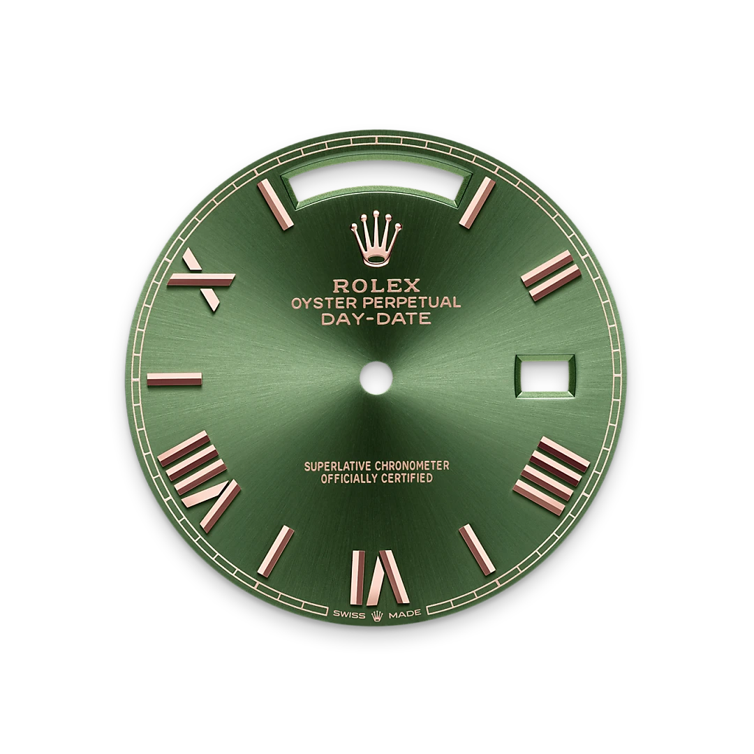 Rolex Day-Date 40 in Everose gold with a Olive green dial, fluted bezel, and President bracelet, m228235-0025 - Gandelman Rolex Day-Date 40 in Everose gold with a Olive green dial, fluted bezel, and President bracelet, m228235-0025 - Gandelman