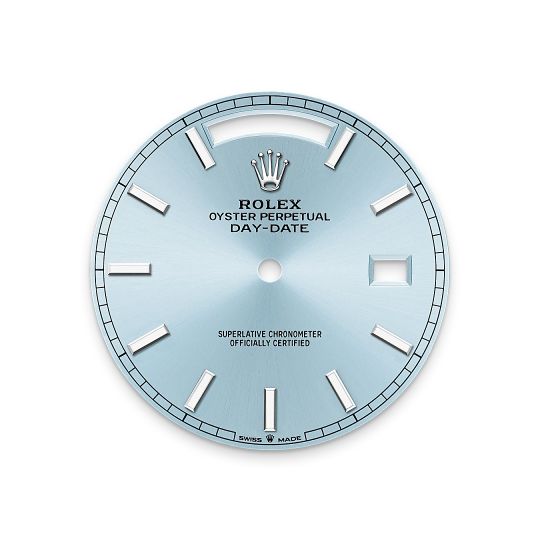 Rolex Day-Date 40 in platinum with an ice blue dial, fluted bezel, and President bracelet, m228236-0018 - Gandelman Rolex Day-Date 40 in platinum with an ice blue dial, fluted bezel, and President bracelet, m228236-0018 - Gandelman