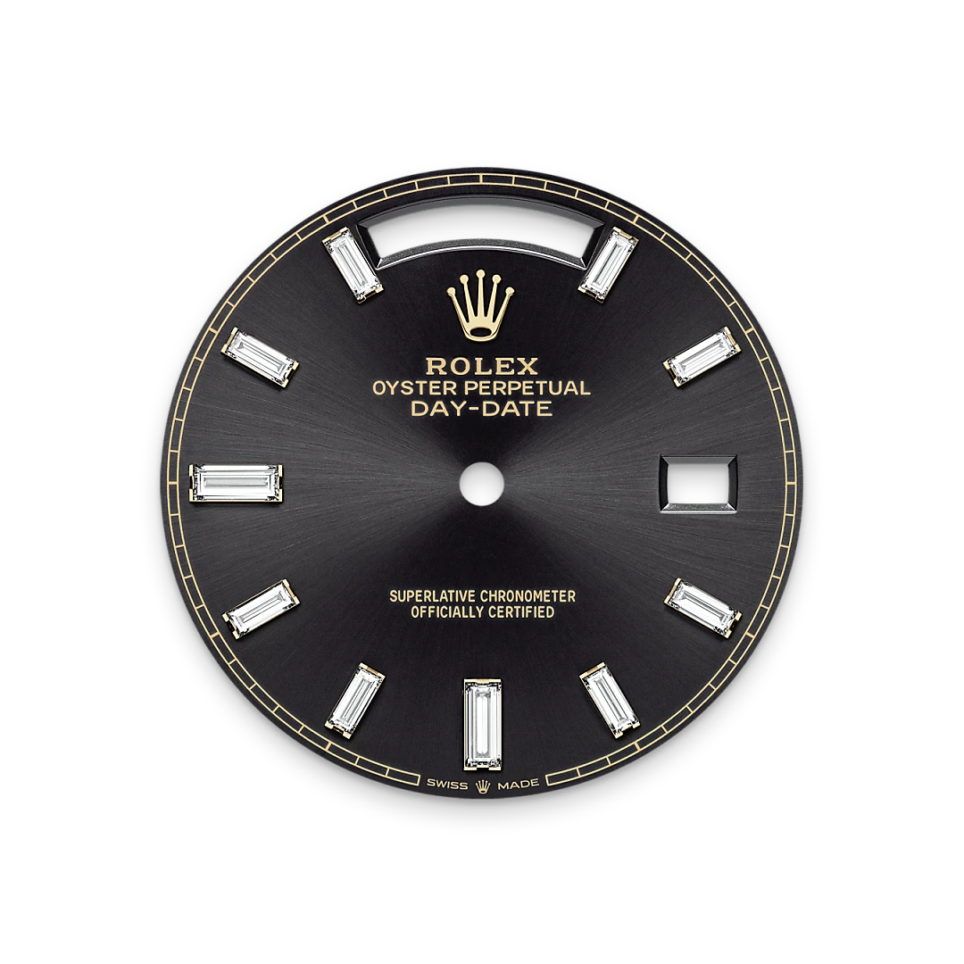 Rolex Day-Date 40 in yellow gold with a Bright black set with diamonds dial, fluted bezel, and President bracelet, m228238-0004 - Gandelman Rolex Day-Date 40 in yellow gold with a Bright black set with diamonds dial, fluted bezel, and President bracelet, m228238-0004 - Gandelman