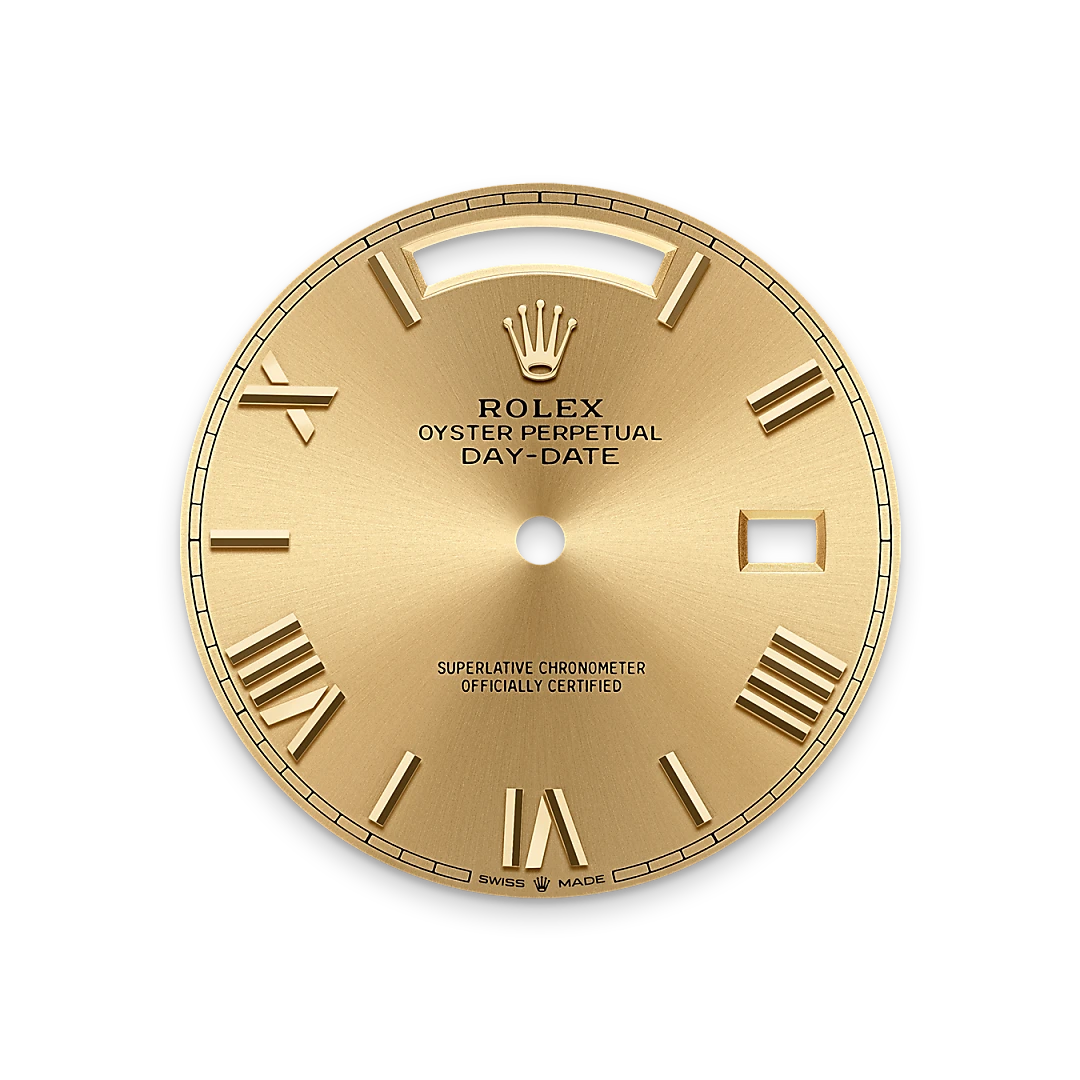 Rolex Day-Date 40 in yellow gold with a Champagne-colour dial, fluted bezel, and President bracelet, m228238-0006 - Gandelman Rolex Day-Date 40 in yellow gold with a Champagne-colour dial, fluted bezel, and President bracelet, m228238-0006 - Gandelman