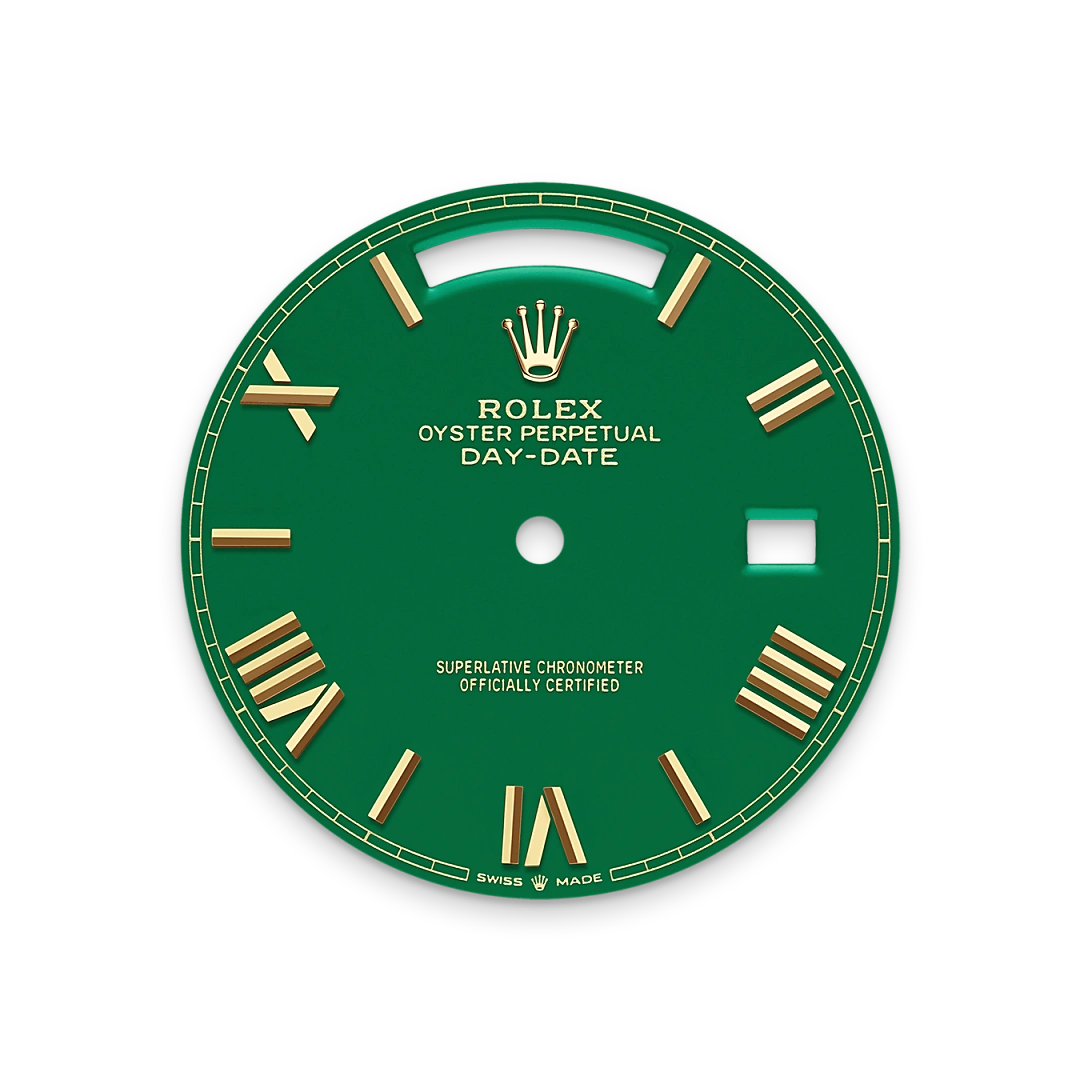 Rolex Day-Date 40 in yellow gold with a Green dial, fluted bezel, and President bracelet, m228238-0061 - Gandelman Rolex Day-Date 40 in yellow gold with a Green dial, fluted bezel, and President bracelet, m228238-0061 - Gandelman