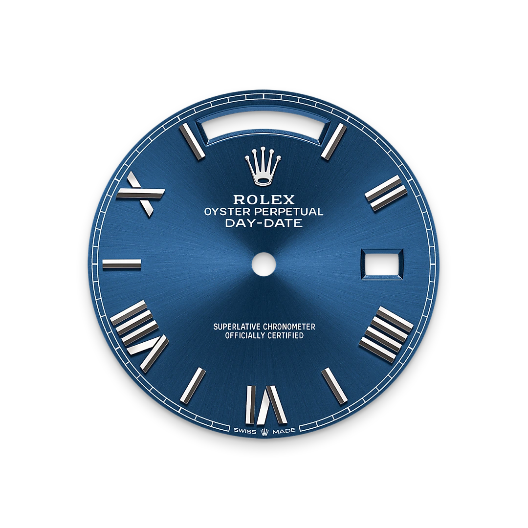 Rolex Day-Date 40 in white gold with a Bright blue dial, fluted bezel, and President bracelet m228239-0007 - Gandelman