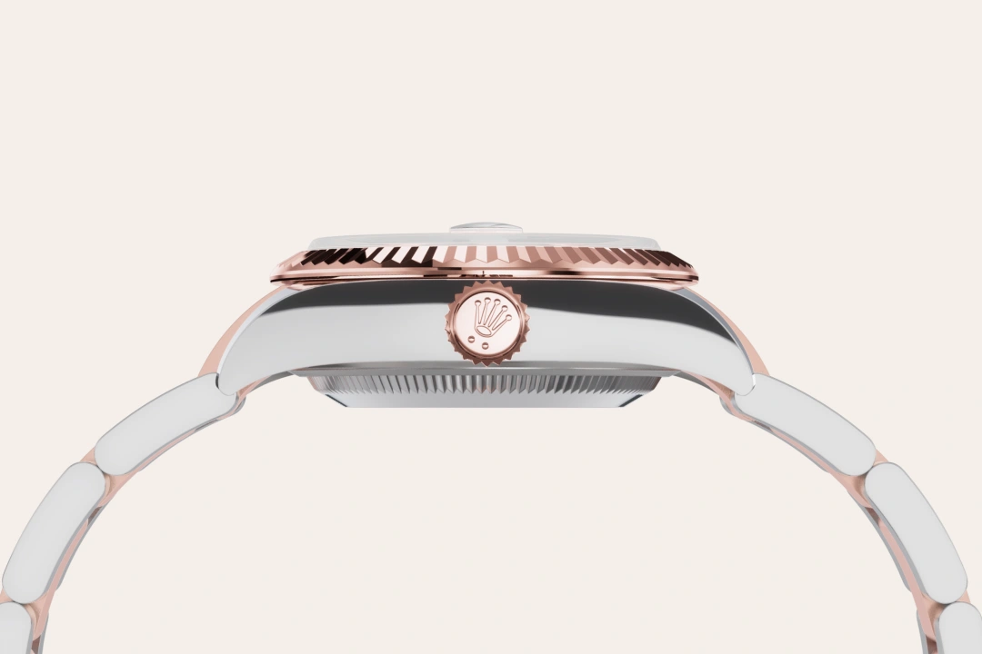 Rolex Lady-Datejust 28 in Oystersteel and Everose gold with a Rosé-colour set with diamonds dial, fluted bezel, and Oyster bracelet, m279171-0028 - Gandelman Rolex Lady-Datejust 28 in Oystersteel and Everose gold with a Rosé-colour set with diamonds dial, fluted bezel, and Oyster bracelet, m279171-0028 - Gandelman