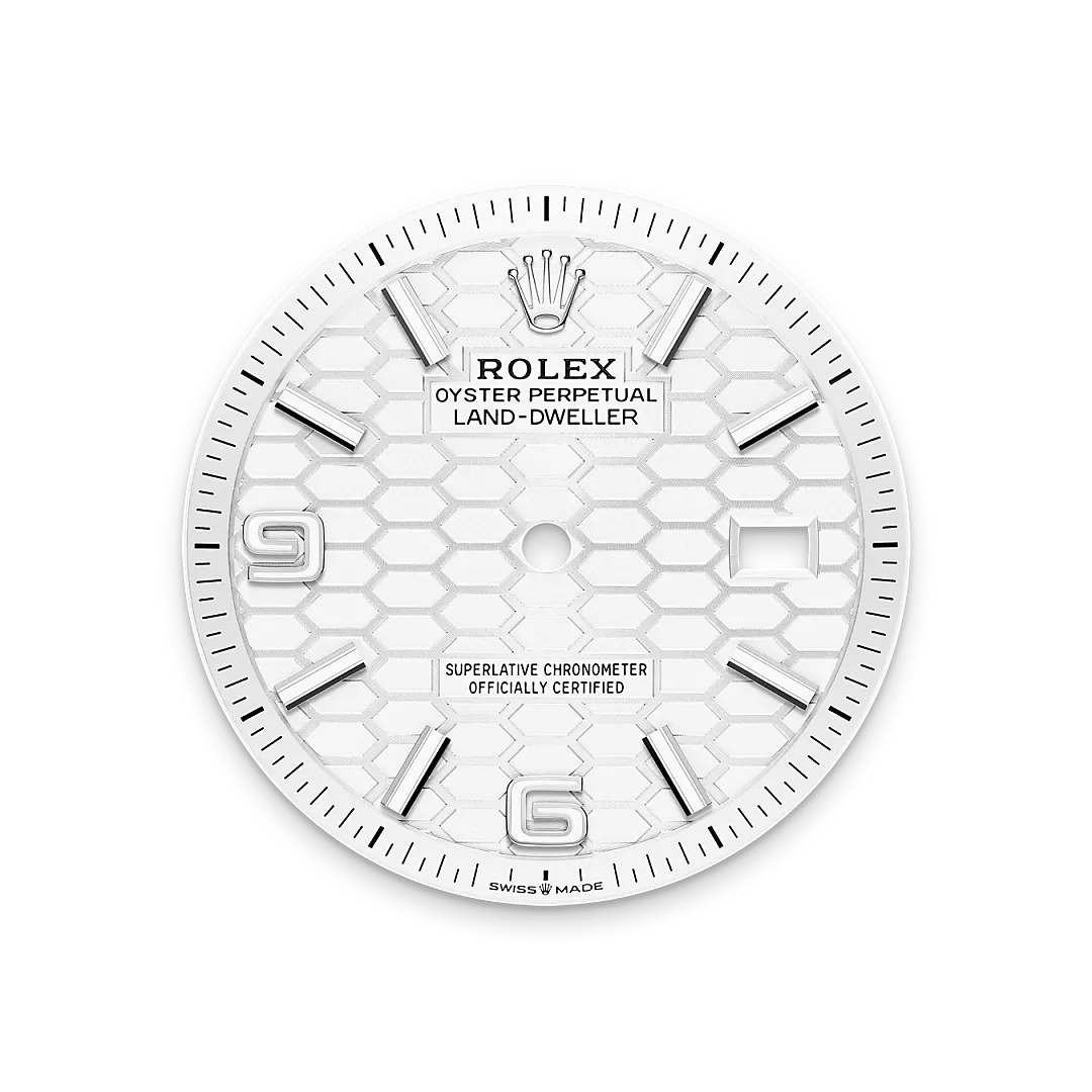 Rolex Land-Dweller 36 in Oysterstel and white gold with an intense white dial, fluted bezel, and flat Jubilee bracelet, m127234-0001 - Gandelman