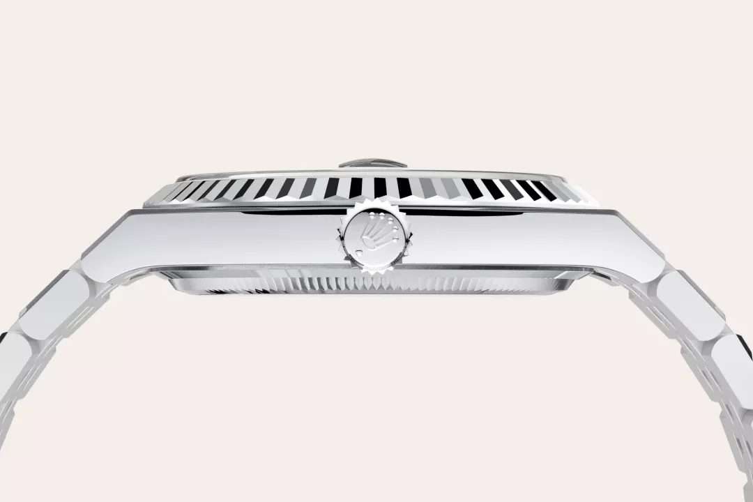 Rolex Land-Dweller 40 in Platinum with an Ice blue dial, fluted bezel, and flat Jubilee bracelet, m127336-0001 - Gandelman